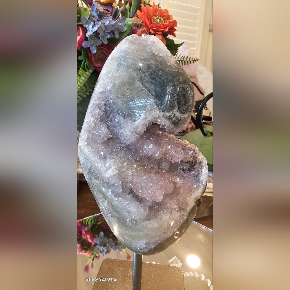 Pink And Green Amethyst Specimen With Thousand Layer Quartz And Druzy on Stand